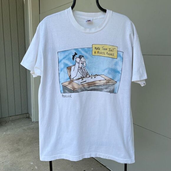 1991 F.S. Mueller Vintage Single-Stitch Tee - Epic Faded Cartoon Comic Graphic
